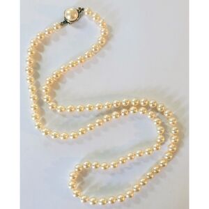 Vintage Gold Over Sterling Silver Knotted Glass Pearl Necklace w Box Clasp 24"